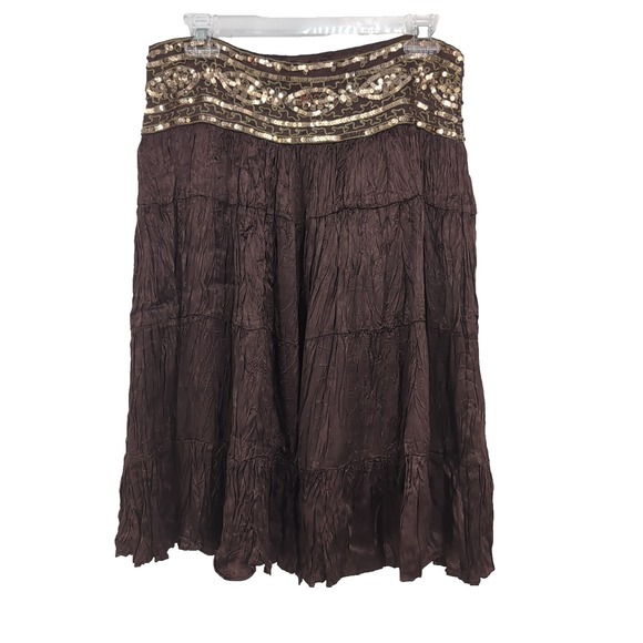 Cache Dresses & Skirts - Cache Brown Crinkle Broomstick Midi Skirt Sequin Embroidered Waist Boho Womens 2
